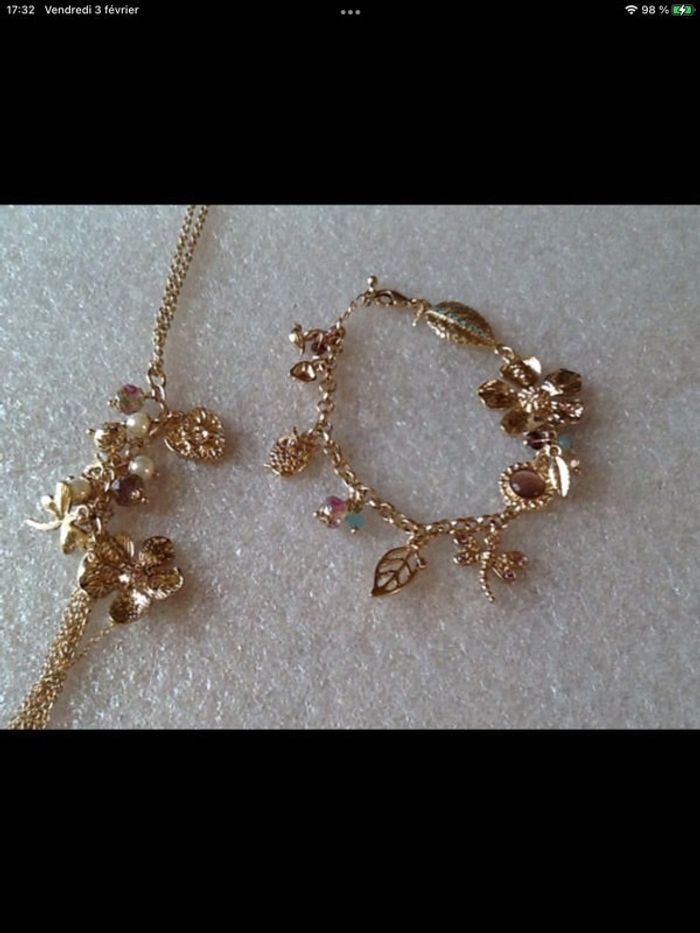 Parure neuve sautoir + bracelet ( cuivre,strass,cristal,perles)