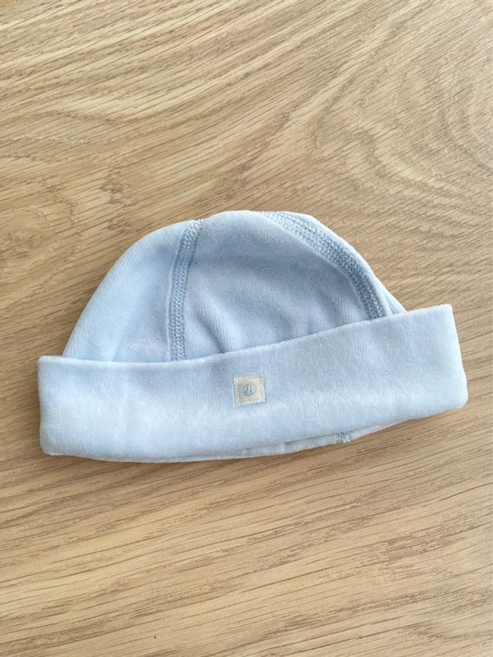 Bonnet bébé garçon naissance en velours bleu ciel Petit Bateau