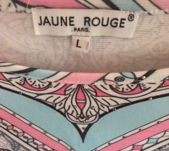 Tunique femme jaune rouge col v demie manche multicolore taille L - photo numéro 3