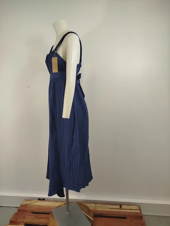 Robe longue Quintessence bleue gaze de coton made in France taille unique bretelles nouées A1615 - photo numéro 14