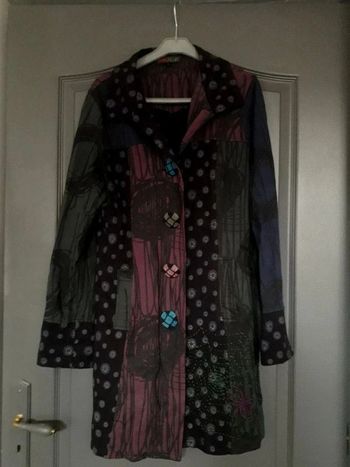Manteau mi-long noir & vert & bleu & aubergine clair 40/L - Frime