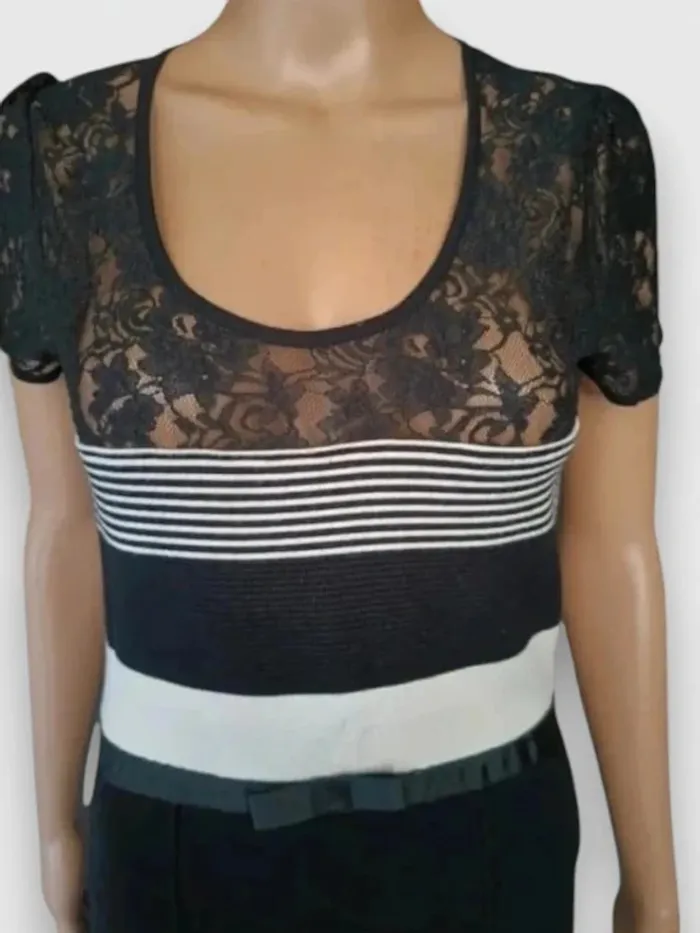 Robe casual Etincelle Couture noir et bande blanche, taille ajusté,haut ajouré taille M - photo numéro 6