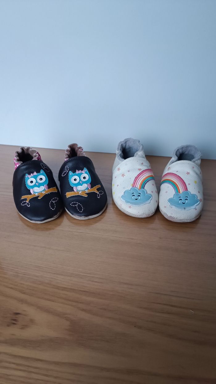 Lot 2 chaussons cuir Rose et Chocolat 6-12mois