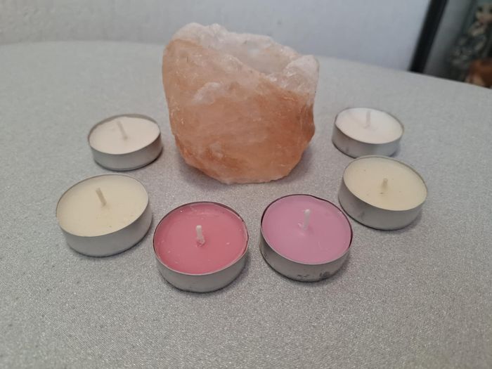 Joli bougeoir photophore véritable quartz rose naturel excellent état + bougies