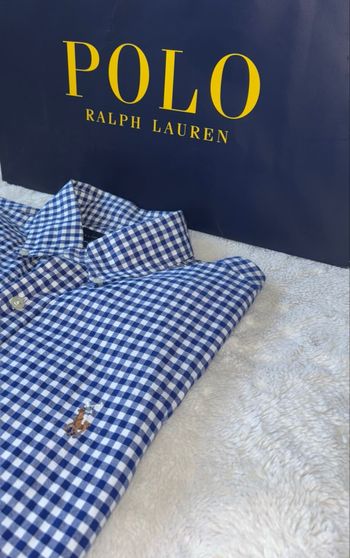 💙Chemise Neuve Ralph Lauren Homme à Carreaux Marine Logo Coloré - Taille S/36