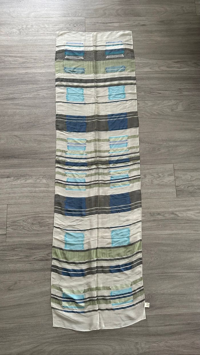 Foulard étole en soie bleue verte et blanche Vintage 45x170cm - photo numéro 3