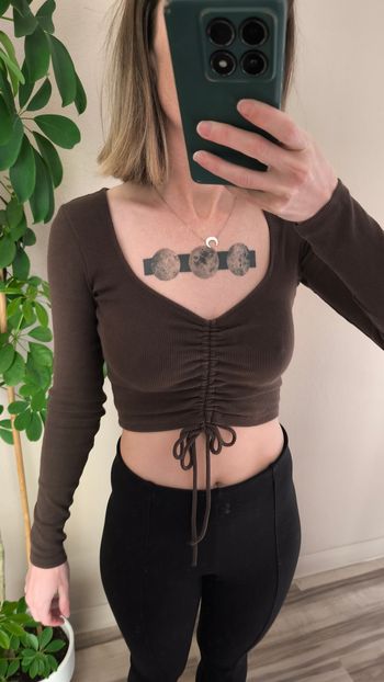 ZARA top crop t-shirt court marron côtelé manches longues taille S