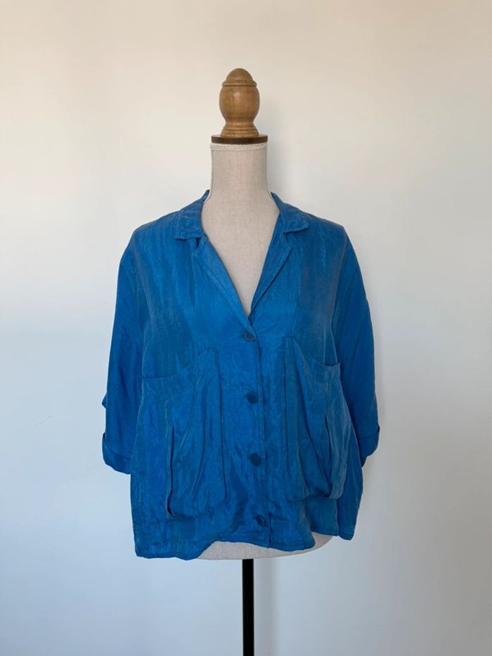 Chemise Zara poches camisa bleu satin M blouse fluide Camicia Overhemd folder Blusa Camicetta femme