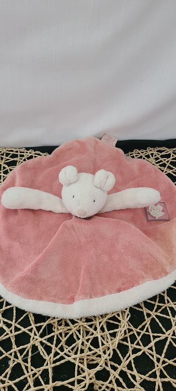 Doudou plat souris MOULIN ROTY Myrtille et Capucine rose blanc rond 27 cm