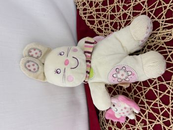 Doudou NICOTOY LAPIN ECRU ROSE PAPILLON ECHARPE RAYEE ROND