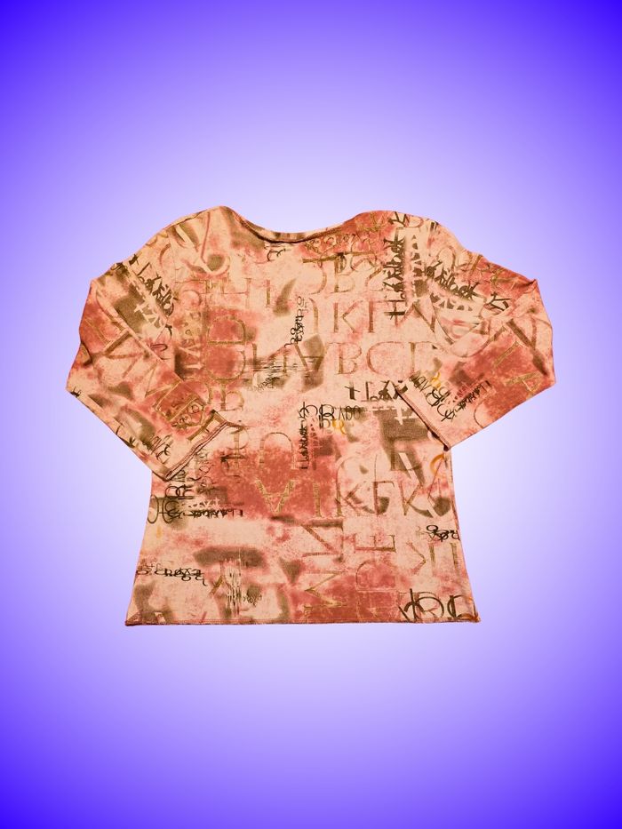 Haut Cache-Cœur Imprimé "Lettres & Graphismes" Sourcing – Tons Rouille/Rose – Manches Longues – Taille Unique – Très Bon État - photo numéro 2