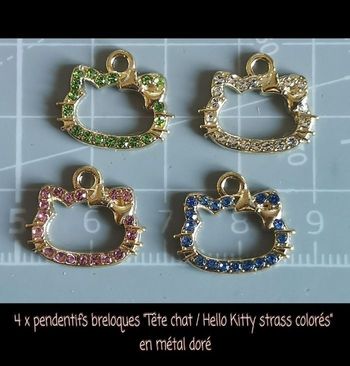 4 x pendentifs breloques "Tête chat / Hello Kitty strass colorés" en métal doré