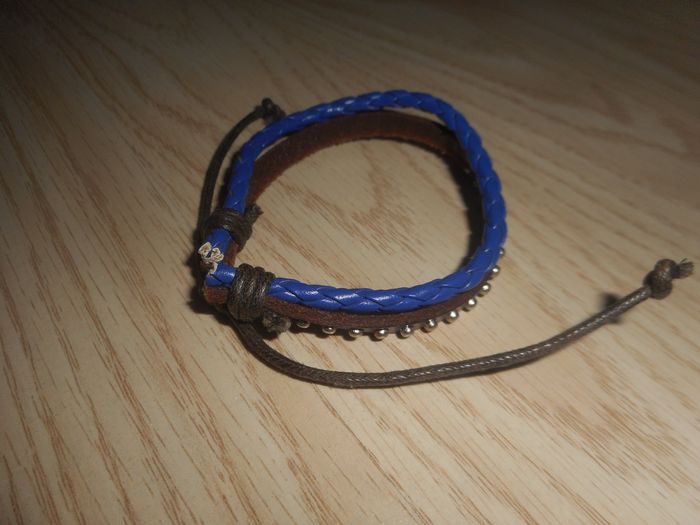 Bracelet en Cuir 2 Cordons Bleu et Marron - photo numéro 2
