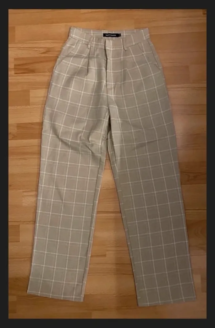 pantalon taille haute à carreaux femme blanc et beige crème - photo numéro 5