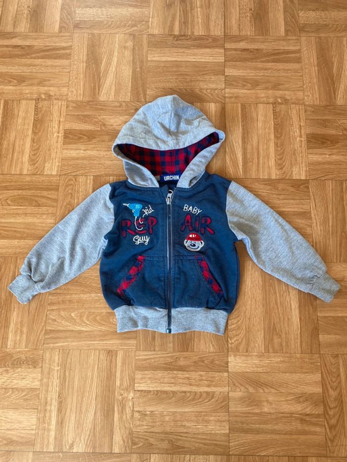 Sweat à capuche et zip + t-shirt manches longues bleu et gris taille 12/18 mois vintage Urchin - photo numéro 2