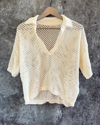 Top col polo maille ajourée femme Pimkie taille S mujer cuello calado donna maglia Damen Polokragen