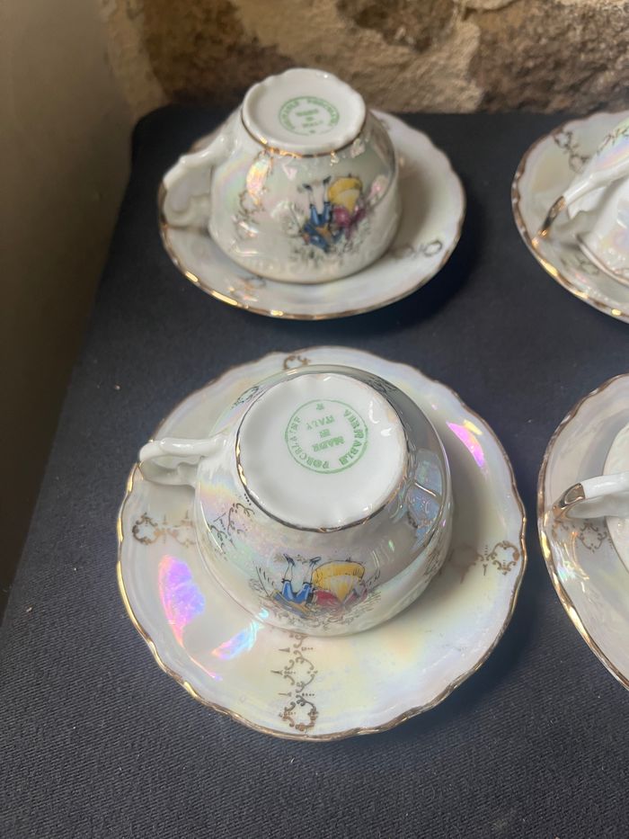 Magnifique Lot de 6 tasses et 6 sous tasses Porcelaine Italy nacrée Vintage - photo numéro 6