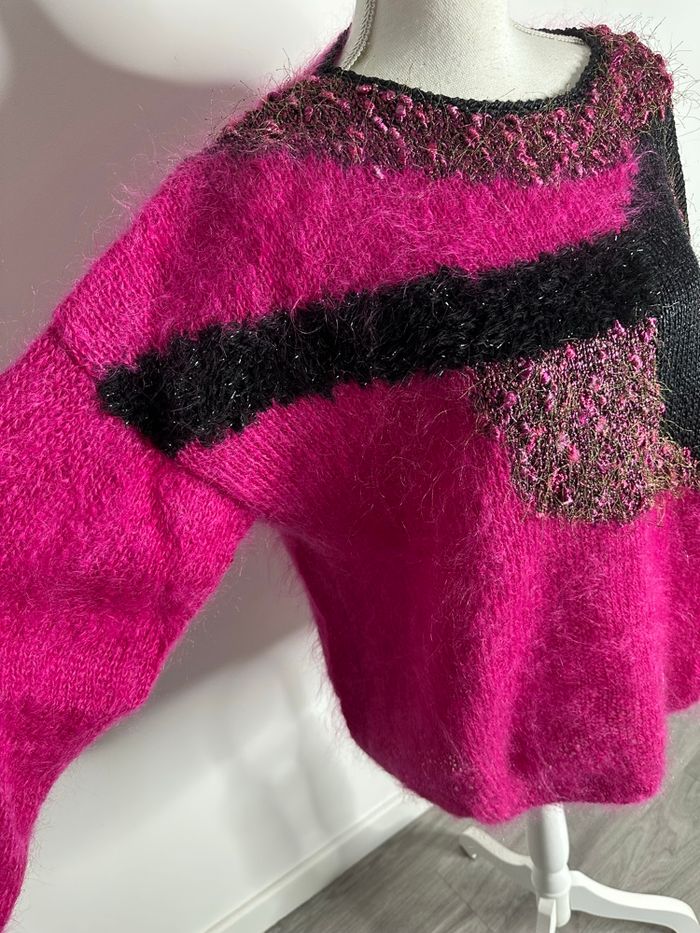 Pull oversize angora et mohair rose fuchsia et noir Anny Blatt Vintage T42 XL - photo numéro 2
