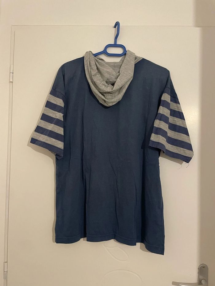 T-shirt vintage manche courte a capuche bleu marine rayure gris à motifs devant baseball taille XL - photo numéro 5