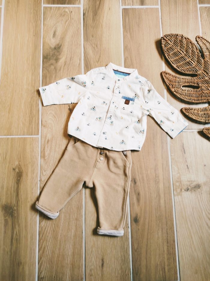 🐵Obaïbi/Okaidi - Ensemble Pantalon molletonné beige et chemise motifs chats et singes -taille 6mois - photo numéro 3