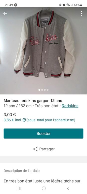 Manteau redskins 12 ans