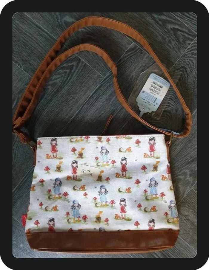 Sac à main Santoro cuir + tissu blanc/marron motif petites filles 31x23 cm - photo numéro 2