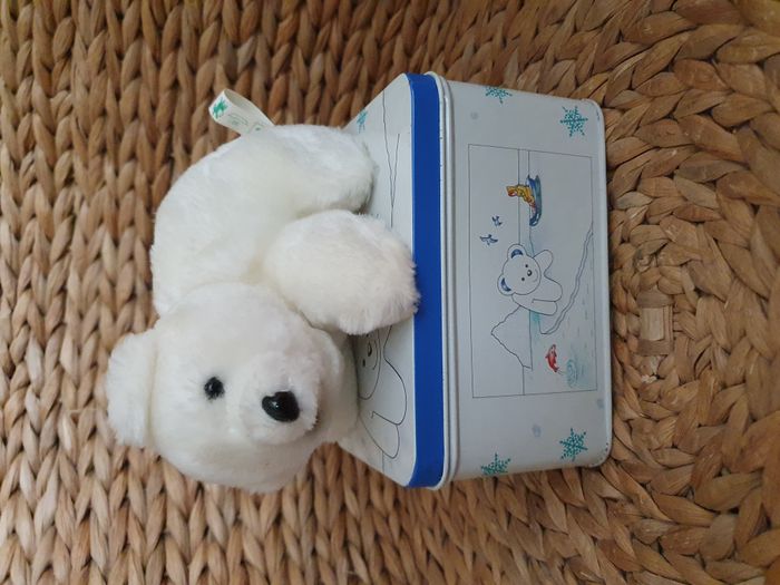 Rare Peluche ours blanc Hauteur 10 cm avec sa boite métal Vert Baudet