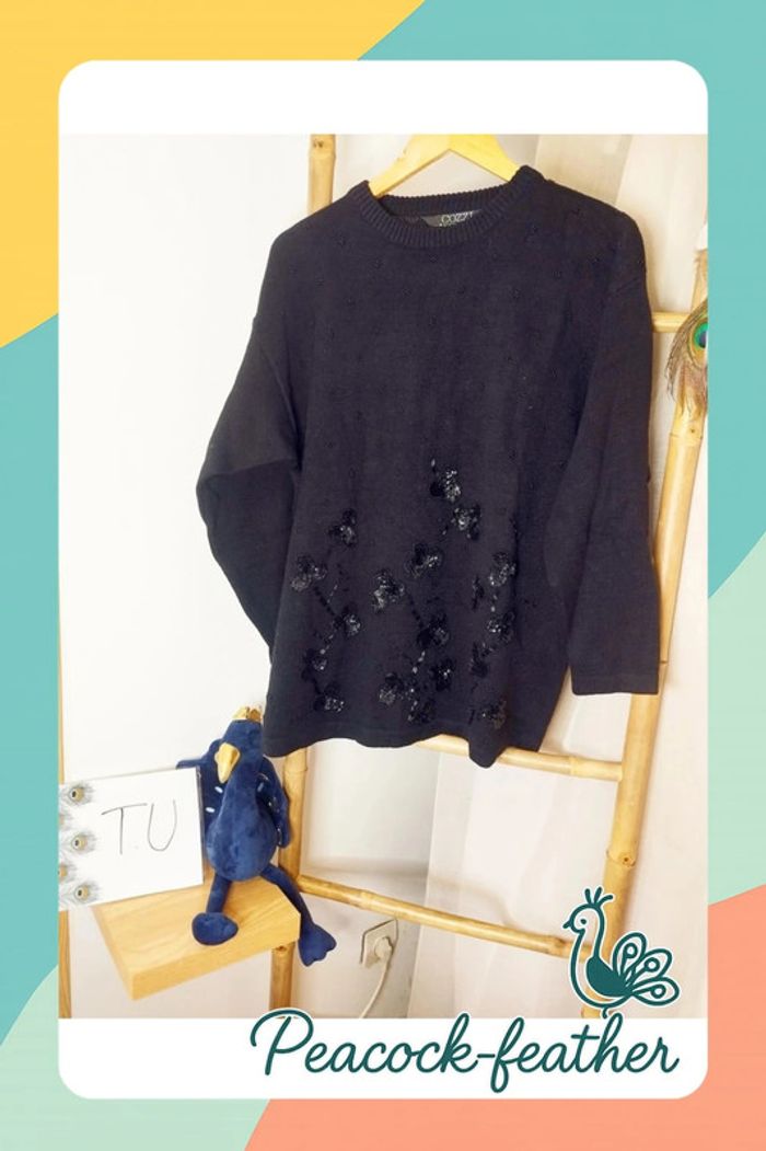 Pull noir sequins et perles TU