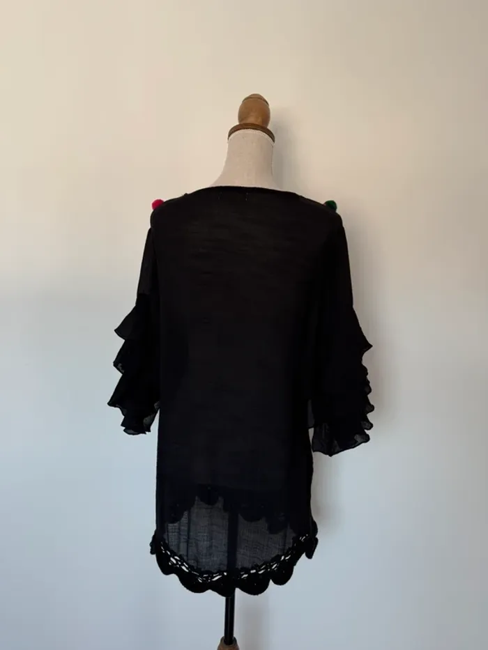 Haut manches noir femme volant plage tailleur M fluide ample L léger été pompons rose blouse t-shirt - photo numéro 4