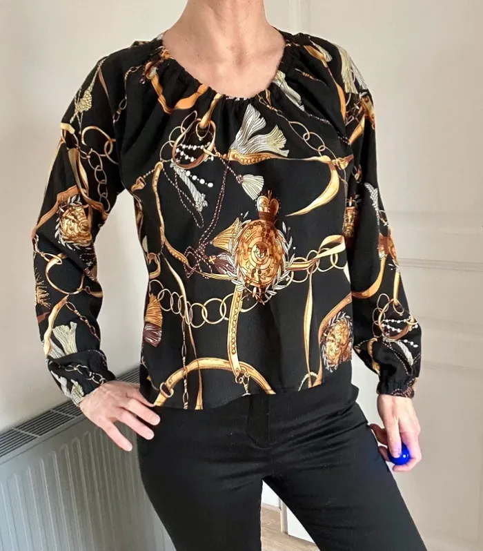 Blouse noire manches longues motif jaune moutarde T36 (S)