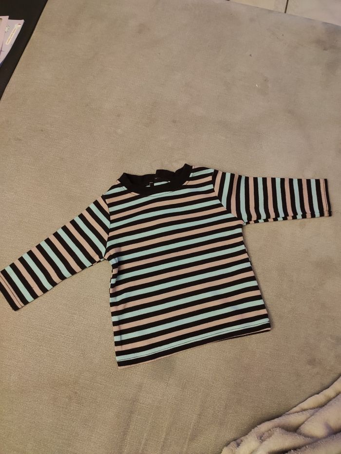 Tee shirt manches longues rayé bleu et marron 6 mois