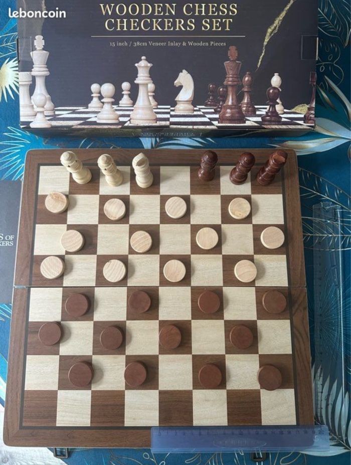 Jeu d’échecs en bois premium neuf complet + dames inclus 38 cm - photo numéro 1