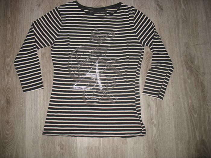 TEE SHIRT ML NOIR RAYÉ ÉCRU "ZARA" - TAILLE M - n°01 - photo numéro 2