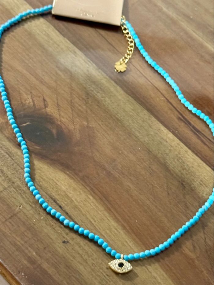 Collier perles naturelles turquoise chaîne réglable œil cristaux habaha Paris - photo numéro 5