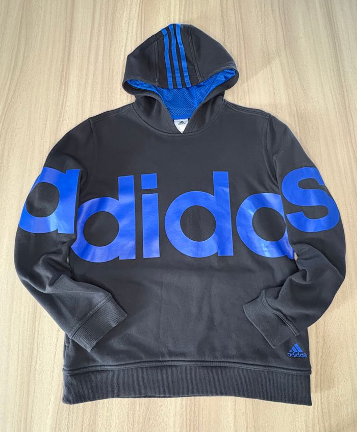Sweat Adidas Noir – Design Unique Bleu + Poche Devant – Taille 13/14 ans - photo numéro 2