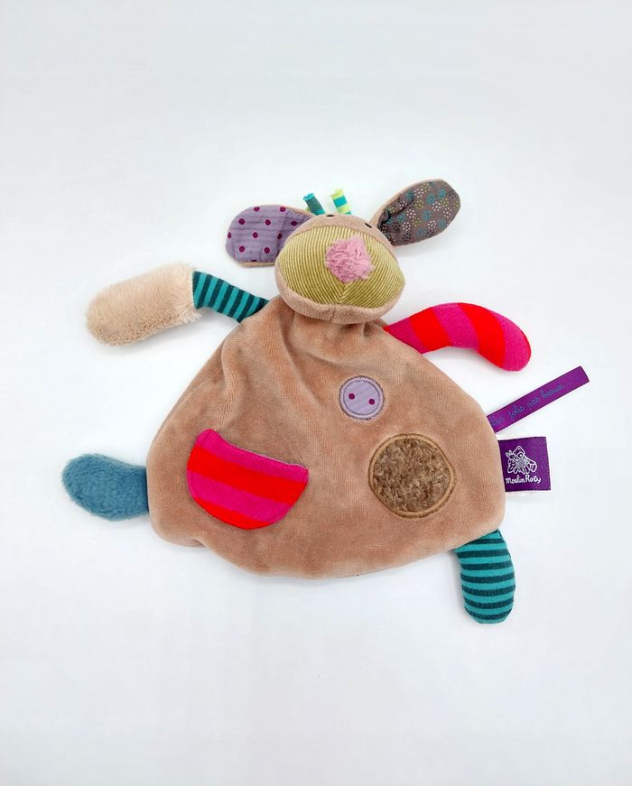 Doudou peluche chien marron beige Moulin Roty les jolis pas beaux multicolores cercles ronds - photo numéro 2