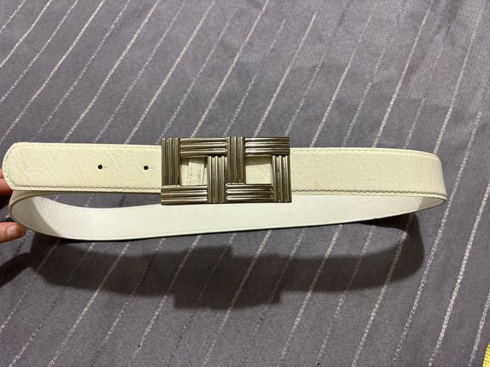 Ceinture vintage blanche avec boucle en métal argenté double carré 90cm - photo numéro 2