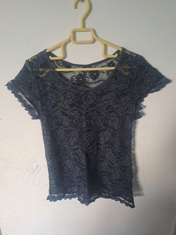 Blouse Transparente broderie dentelle bleu - photo numéro 2