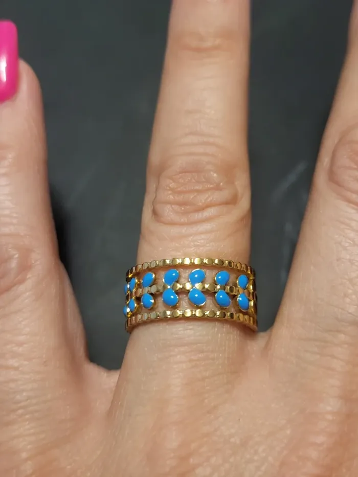 Bague acier inoxydable doré ajustable feuilles bleues - photo numéro 3