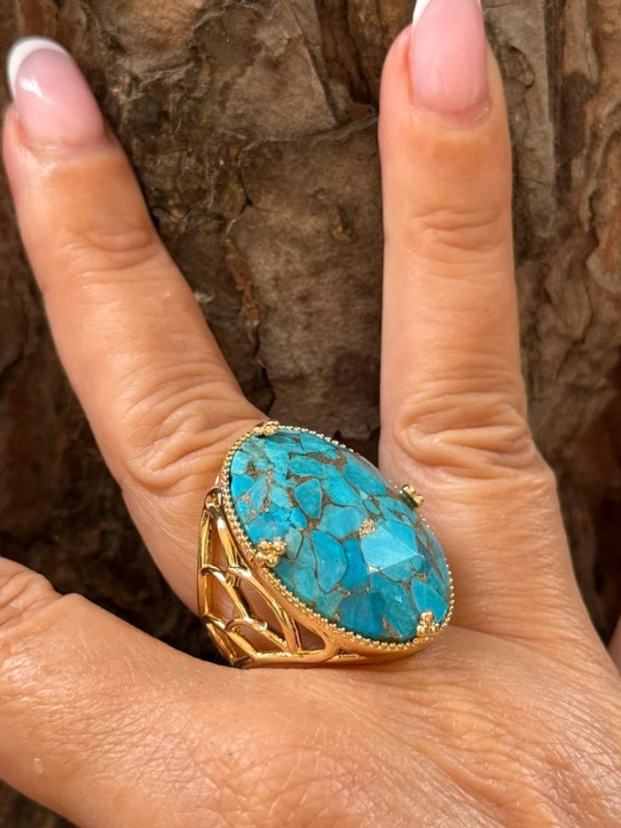Grosse bague habaha Paris acier inoxydable or travaillées réglable grosse pierre turquoise - photo numéro 3