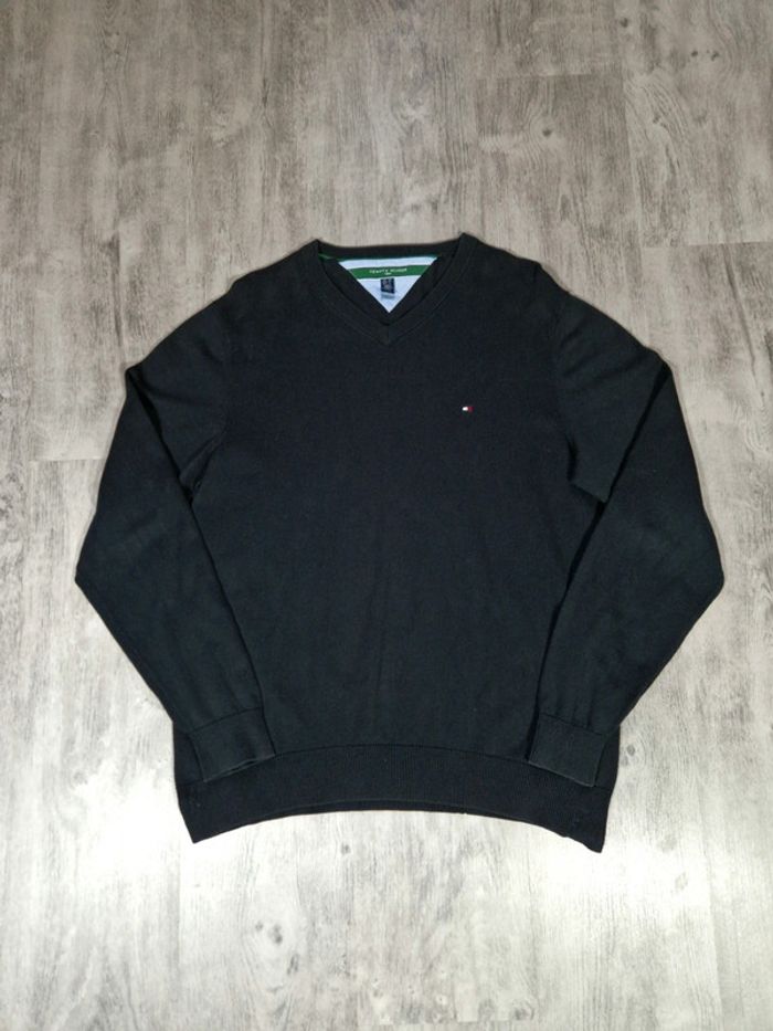 Pull Col V Tommy Hilfiger Noir Logo Brodé Taille L Homme - photo numéro 2
