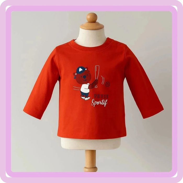 Tee shirt manche longue rouge motif nounours blanc noir Boîte à Malices Taille 3 mois - photo numéro 2