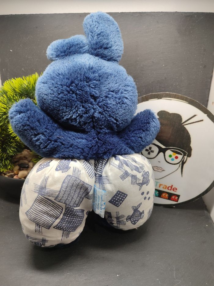 peluche nounours lapin bleu marine blanc ancien salopette poisson carré Grelot - photo numéro 2