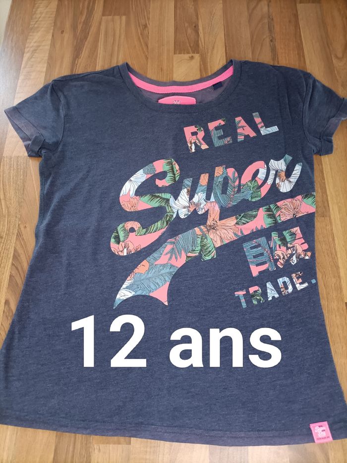 Tee-shirt bleu marine fushia Superdry 12 ans - photo numéro 1