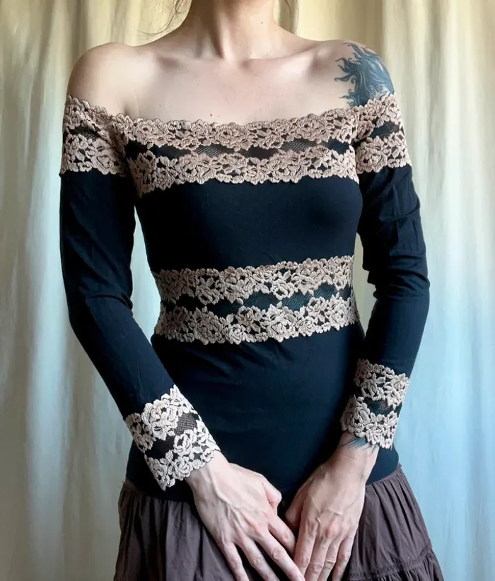 Top épaules nues dentelle roses Coquette Goth Whimsigoth vintage 90s Grunge - Taille M
