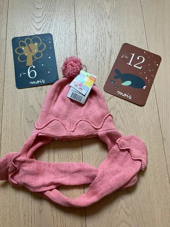 Ensemble bonnet écharpe rose 6-12mois