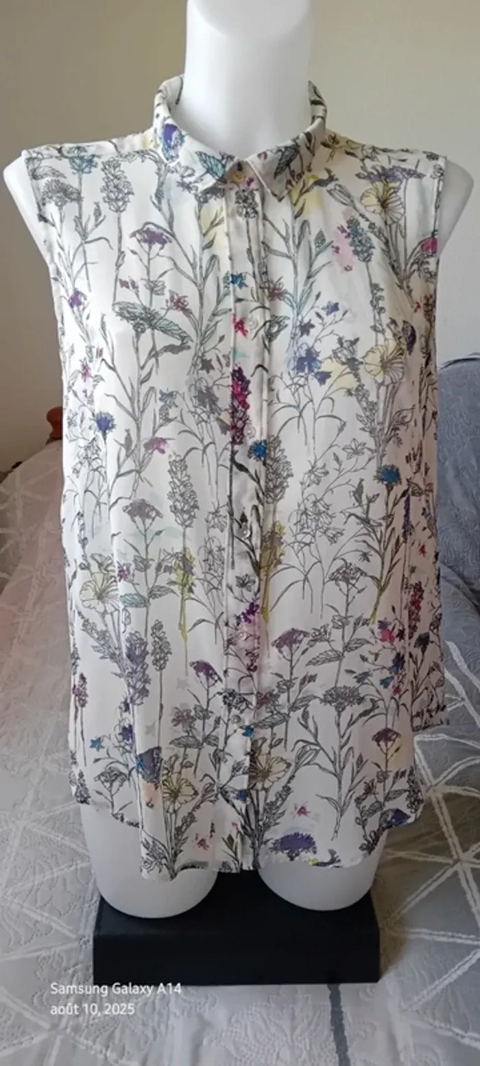 Blouse longue  sans manches assymetrique semitransparente motif fleurs femme 42 h&m - photo numéro 5