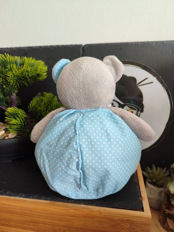 peluche Doudou ours boule Musti mustela bleu pois point blanc gris PE0231 - photo numéro 2