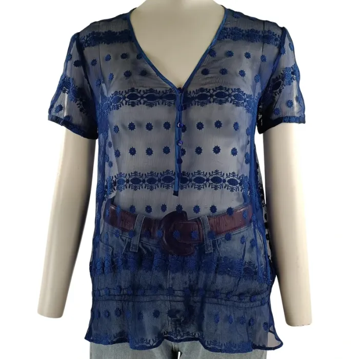 Blouse transparente bleue brodée en soie – Cacharel Paris T.38 A1159