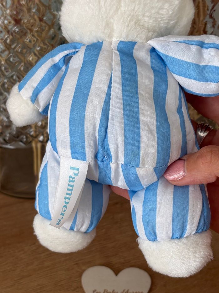 Peluche vintage lapin rayures Pampers - photo numéro 4